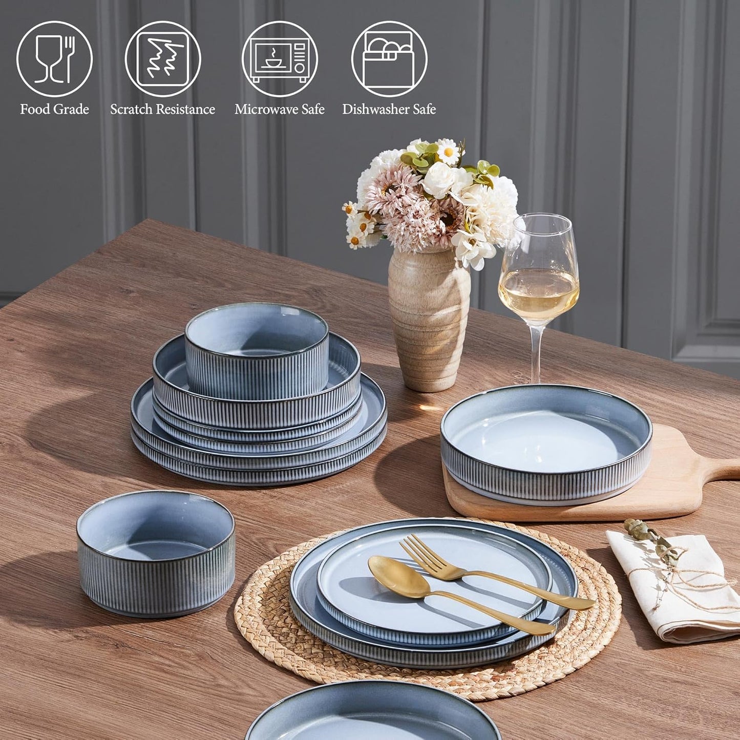 E-far 16 Piece Dinnerware Sets, Plates and Bowls with Pasta Bowls Service for 4, Modern Stoneware Ribbed Dishes for Kitchen Dining, Microwave & Dishwasher Safe, Dusty Blue