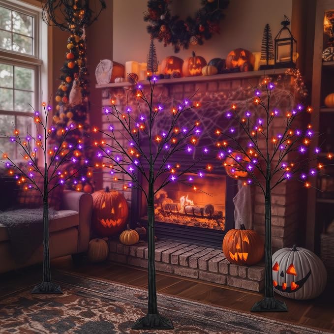 3-Pack 4FT 5FT 6FT Lighted Black Halloween Tree with Orange and Purple Lights (Higher Size and Floor Standing), Halloween Decorations Spooky Tree with Timer for Indoor Outdoor, Home Holiday Party
