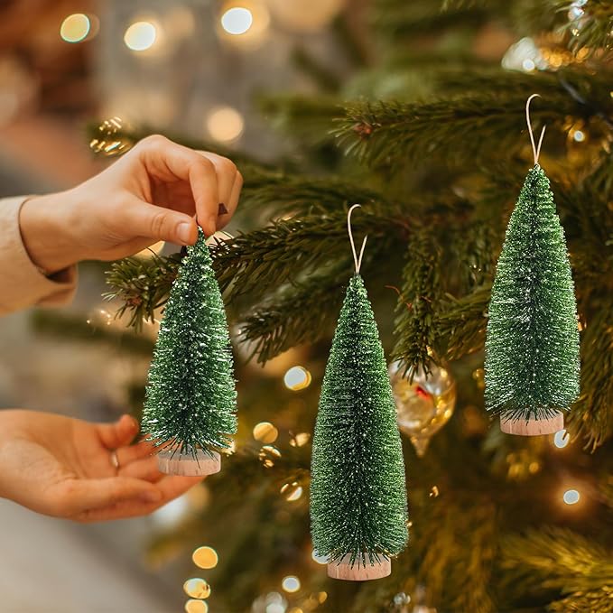 12 Pcs Mini Christmas Tree, Tabletop Christmas Tree with Wooden Bases Artificial Mini Tree with 3 Sizes Christmas Table Decor Bottle Brush Trees for Christmas Decorations (Green Glitter)