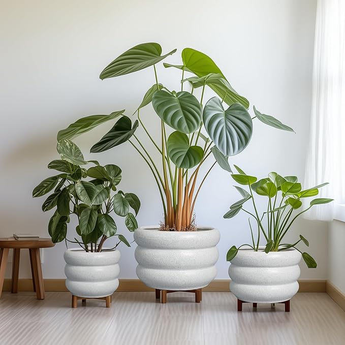 SQOWL Ceramic Planter for Indoor Plants - 8 Inch Plant Pot with Drainage Hole Outdoor Flower Pot Modern Round Planter Medium Plant Pot for Garden Office Decor White