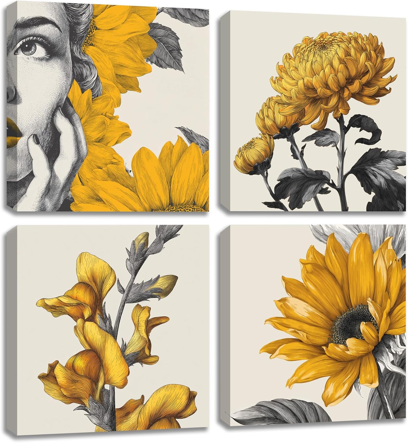 Framed Botanical Wall Art for Living Room Rustic Boho Yellow Flower Canvas Paintings Minimalist Floral Prints for Bedroom Dining Room Hallway Bathroom Office Wall Decor Artwork for Wall