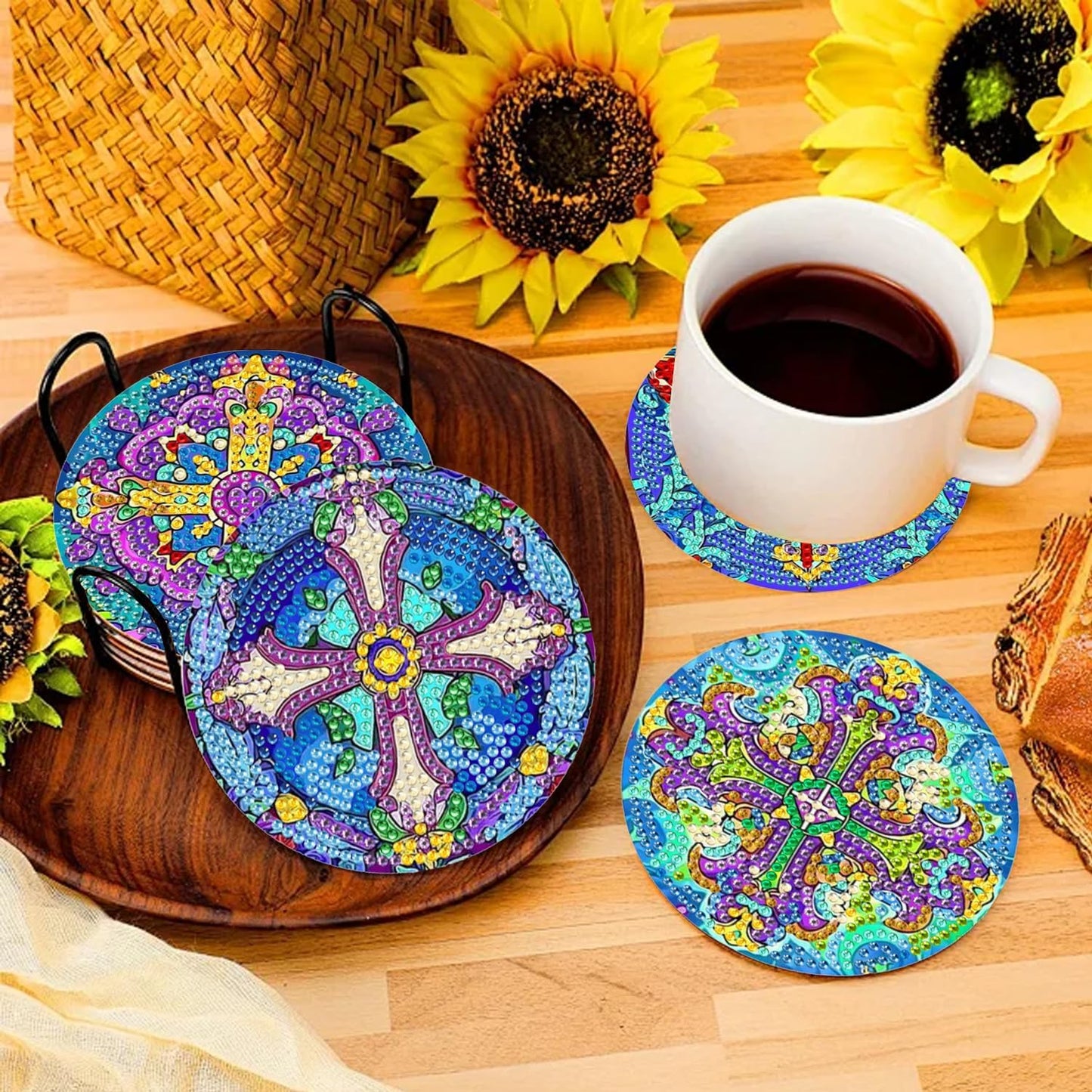 DOZEEZOP 8 PCS Diamond Art Coasters Kit, Diamond Painting Coasters with Holder, Fall Diamond Art Kits for Adults Beginners, Arts and Crafts Supplies Party Item Sets Cross Style