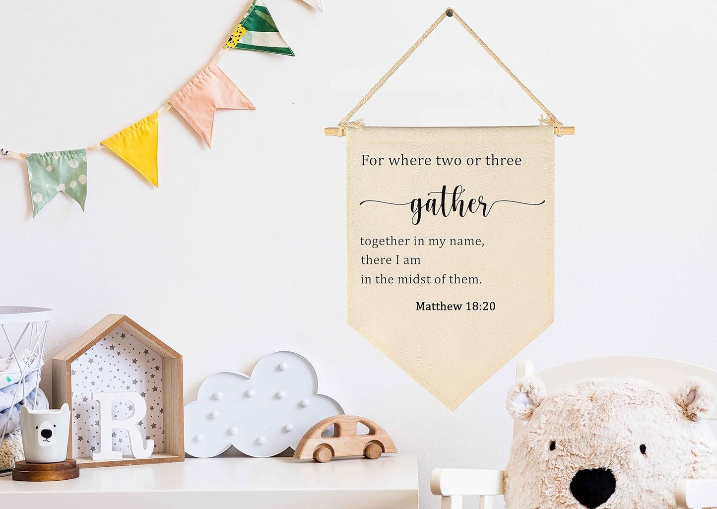 Dining Room Wall Decor-Kitchen Falg Sign-Gather Banner Decor-For Where Two Or Three Gather Together In My Name-Scripture Verse Wall Flag Decor-Home Banner Wall Art