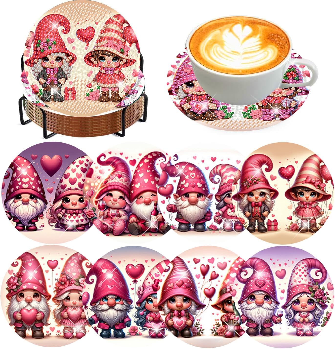 Meothan 8 Pcs Diamond Art Coasters Kits for Adults with Holder Cork Pads, Valentine's Day Gnomes Diamond Dots Art Painting Coasters Crafts Kit for Home Office Decor (4x4in)
