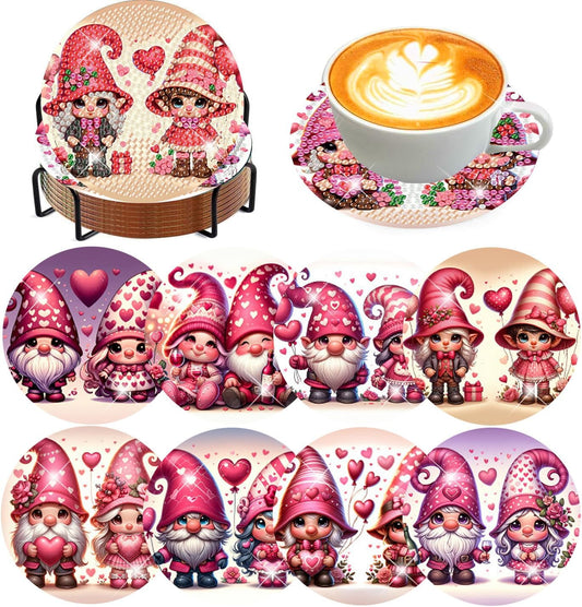 Meothan 8 Pcs Diamond Art Coasters Kits for Adults with Holder Cork Pads, Valentine's Day Gnomes Diamond Dots Art Painting Coasters Crafts Kit for Home Office Decor (4x4in)