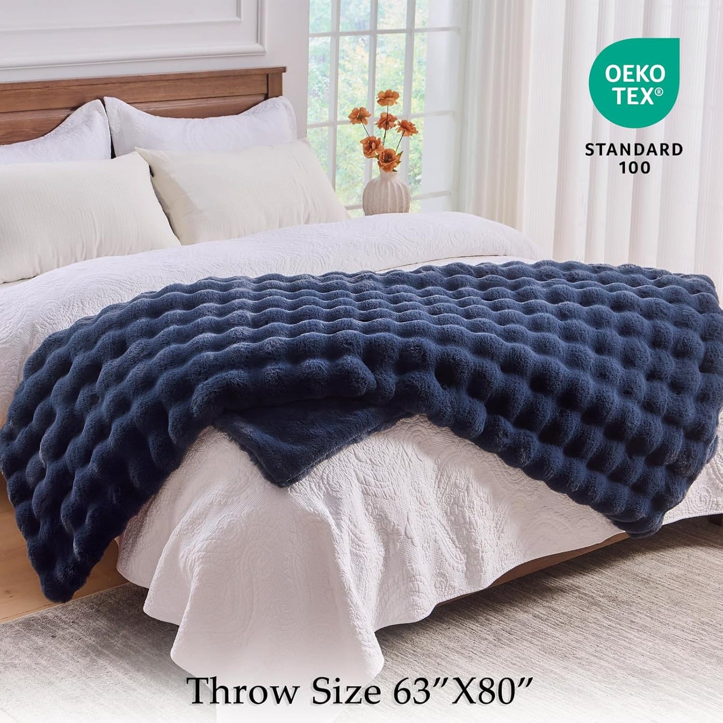 BENVWE Fluffy Faux Fur Throw Blanket for Couch, Soft Plush Thick Cozy Fuzzy Luxury Minky Bubble Blanket for Home Living Room Decor Gift for Women, Navy Blue, 63" x 80", 1100GSM