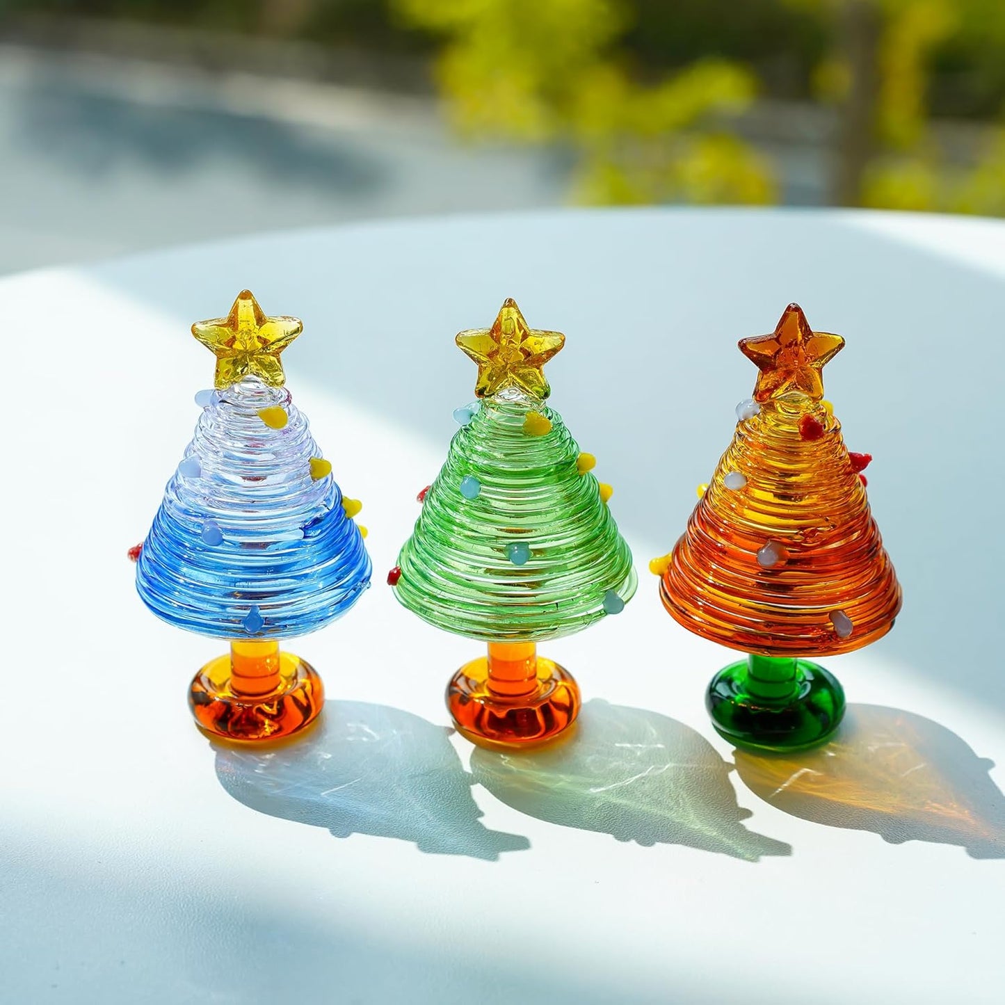 H&D HYALINE & DORA Set of 3, 3 Inch Blown Glass Christmas Tree Mini Handmade Christmas Tree Figurines Ornaments Art Glass Christmas Decoration for Home Tabletop Festival Gifts