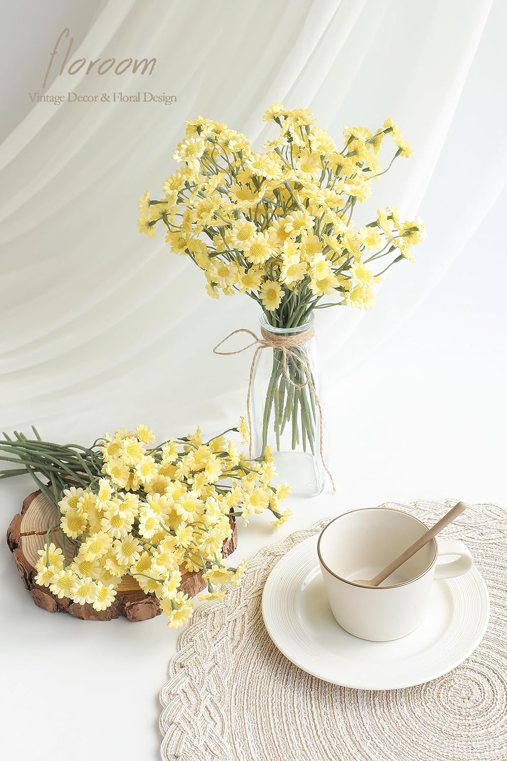 Floroom 24pcs Yellow Small Artificial Flowers Faux Silk Daisies Fake Wildflowers with Stems for DIY Wedding Bouquets Floral Arrangements Party Decor Centerpieces Decorations (Vase Not Included)