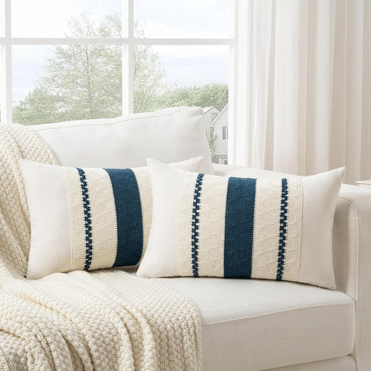 Fancy Homi Set of 2 Boho Teal Long Lumbar Decorative Throw Pillow Cover 14x24 Inch for Couch Bed Sofa Chair, Modern Organic Farmhouse Home Decor, Soft Cotton Cute Accent Rectangle Cushion Case