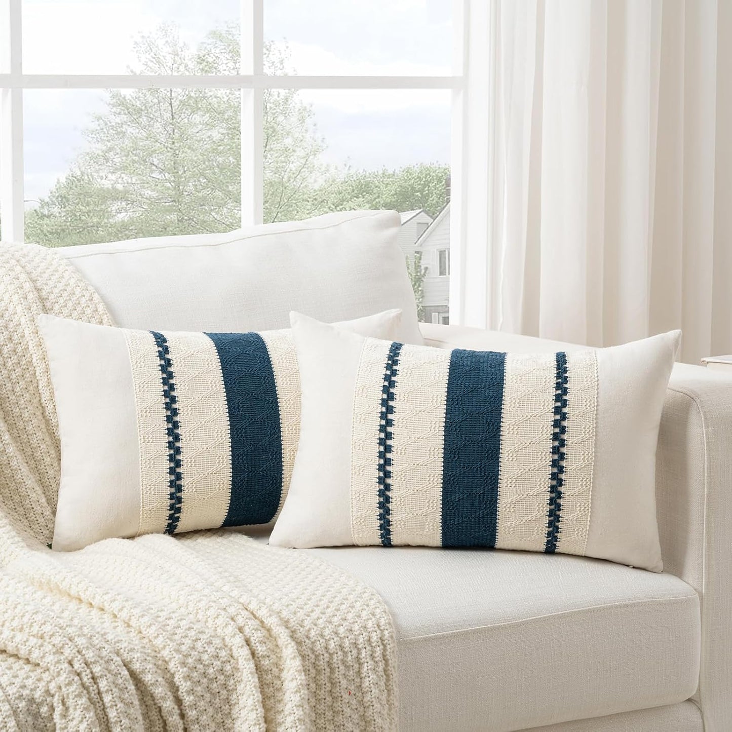 Fancy Homi Set of 2 Boho Teal Long Lumbar Decorative Throw Pillow Cover 12x24 Inch for Couch Bed Sofa Chair, Modern Organic Farmhouse Home Decor, Soft Cotton Cute Accent Rectangle Cushion Case