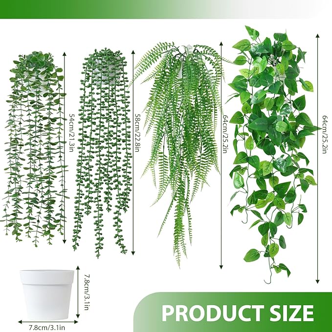 Dremisland Fake Hanging Plants with Pots 2Pack Faux Hanging Basket Plant Macrame Plant Hanger with Fake Vines Faux Hanging Planter for Wall Ceiling Home Bedroom Indoor Decor (Mix Plant-4PCS)