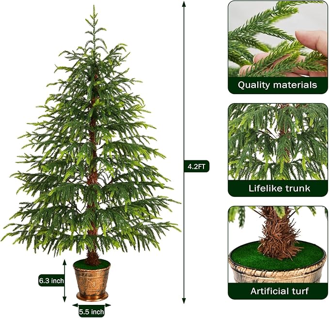 4.2 FT Real Touch Norfolk Pine Christmas Tree - Christmas Decorations - Artificial Shrubs Fake Potted Plants Faux Bushes for Christmas Decorations Outdoor Indoor Home Front Porch Decor