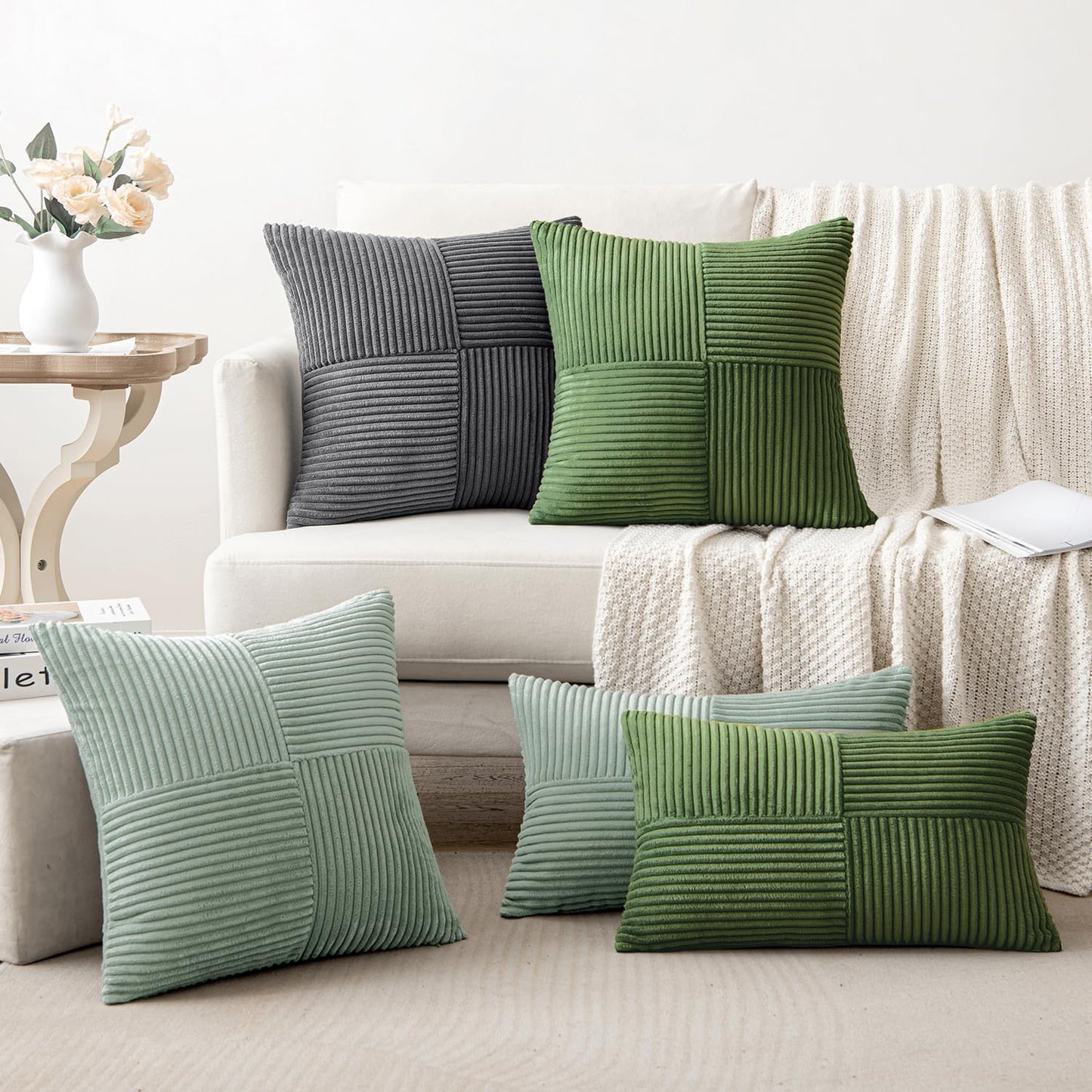 MIULEE 24x24 inch Euro Greyish Green Corduroy Pillow Covers Pack of 2 Boho Decorative Spliced Throw Pillow Covers Soft Solid Couch Pillowcases Cross Patchwork Textured Covers for Living Room Bed Sofa