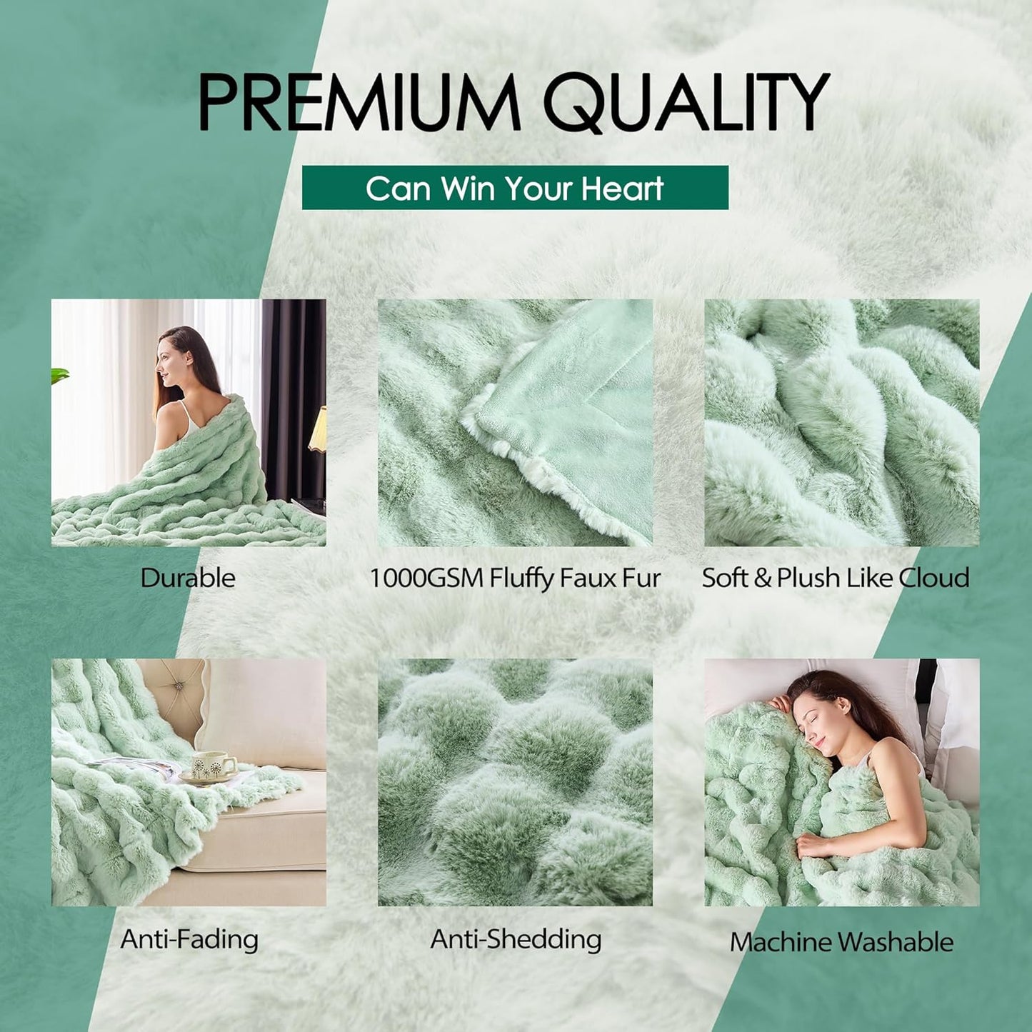 Luxury 1000GSM Faux Rabbit Fur Throw Blanket, Super Heavy Warm Cozy Blankets for Couch Bed Sofa, Bubble Plush Fuzzy Elegant Soft Reversible Mink Blanket for Living Room Bedroom, Green