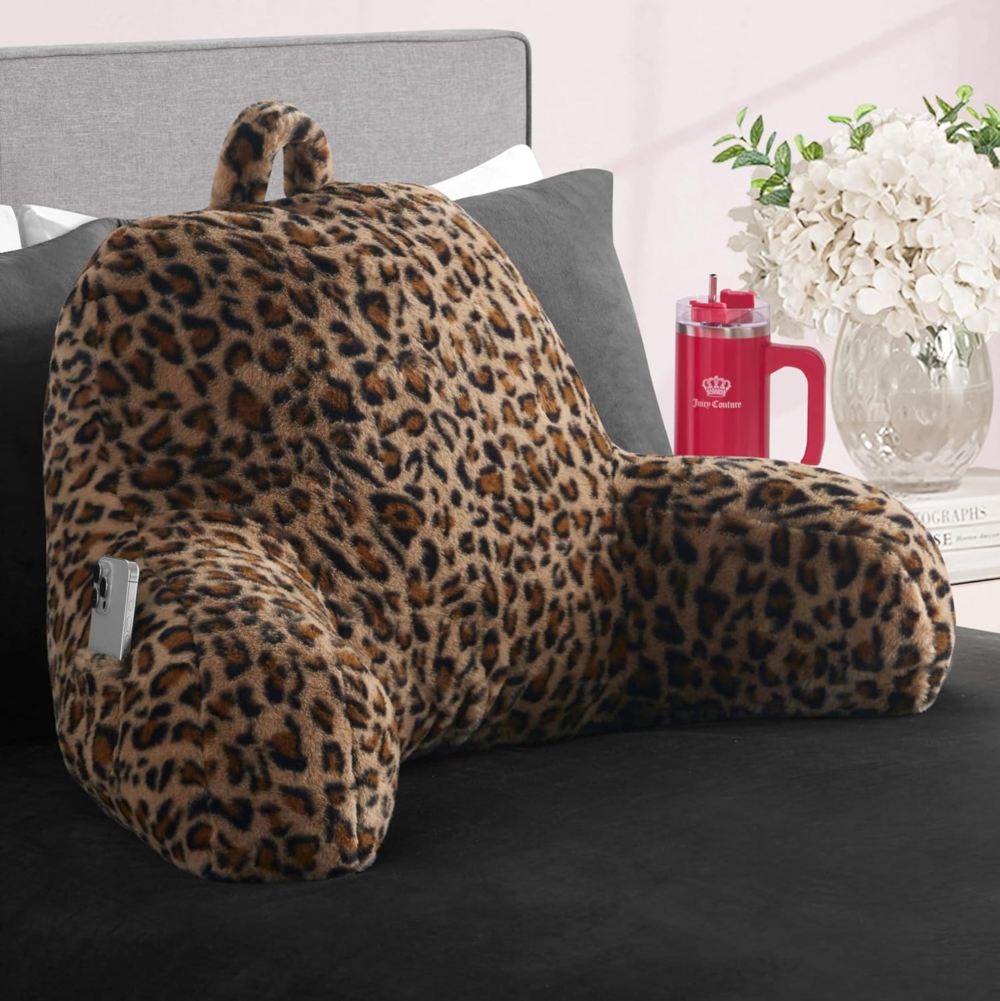 Juicy Couture Faux Fur Leopard Backrest Pillow - 30"x17" Supportive Bed Rest Pillow for Reading, Gaming, or Relaxing