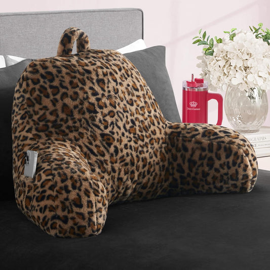 Juicy Couture Faux Fur Leopard Backrest Pillow - 30"x17" Supportive Bed Rest Pillow for Reading, Gaming, or Relaxing