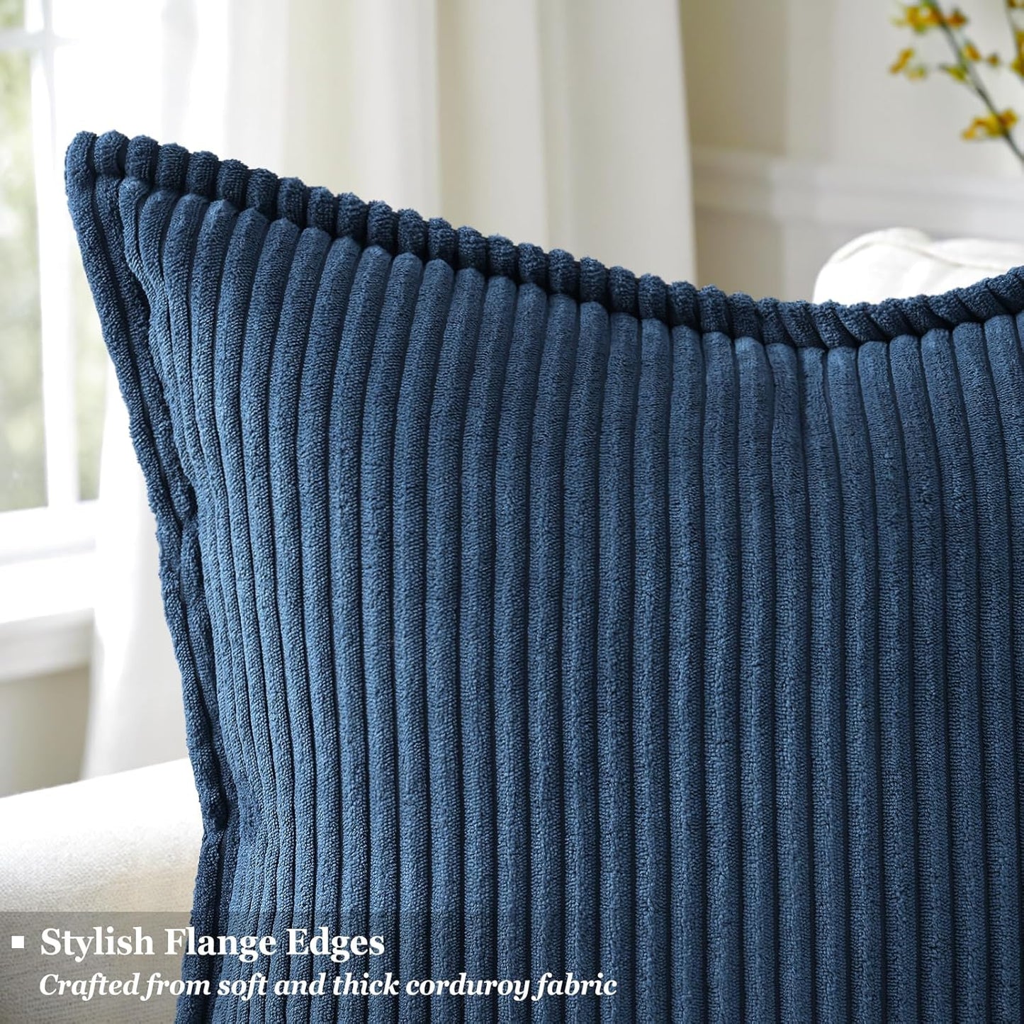 decorUhome Corduroy Navy Blue Throw Pillow Covers 24x24 Set of 2 Decorative Soft Boho Farmhouse Euro Couch Pillow Covers for Living Room Bed Sofa Broadside Striped Pillow Cases
