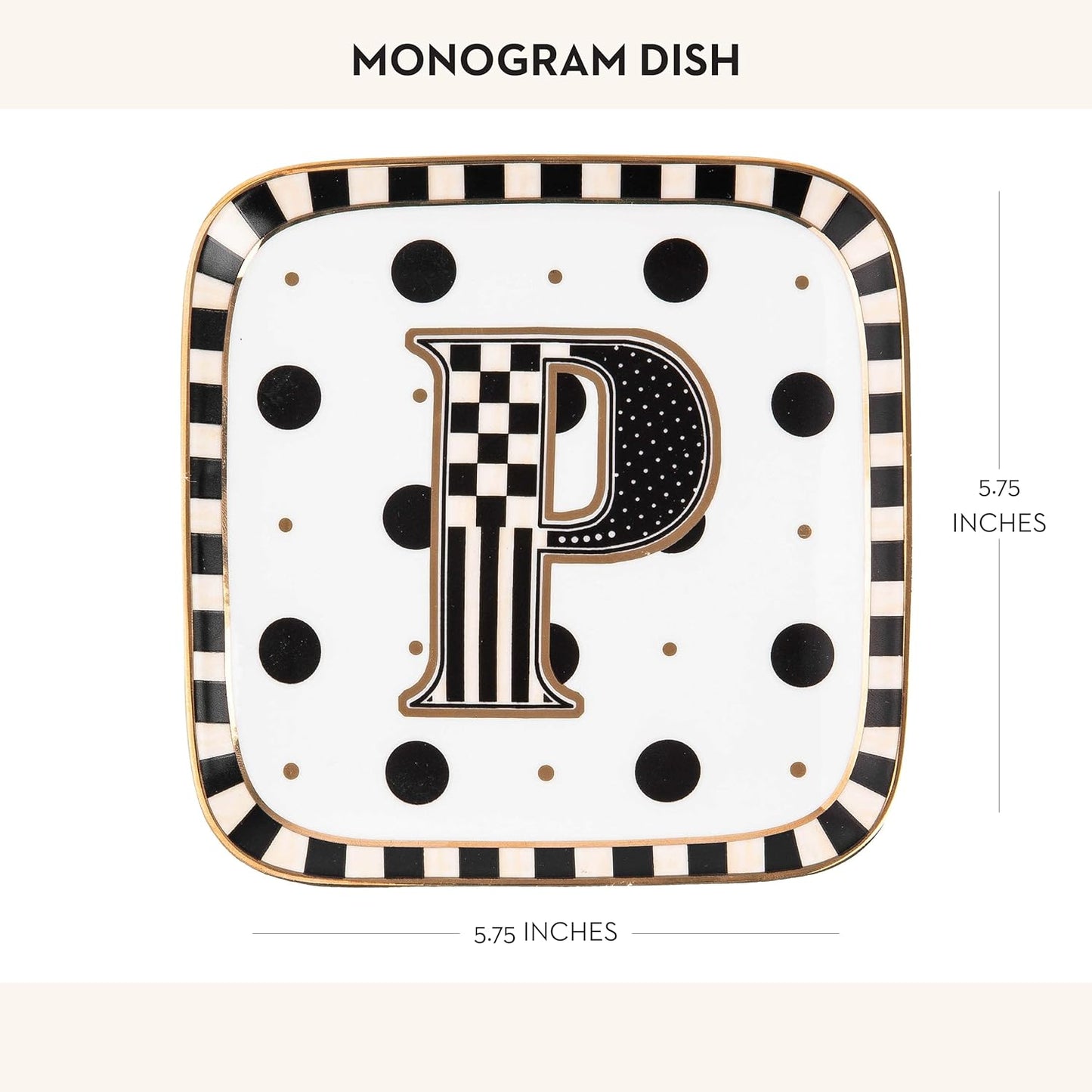 MACKENZIE-CHILDS Monogram Dish, Decorative Ceramic Letter Plate, 5 3/4" Square, P