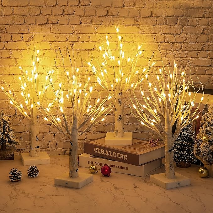 4pcs 36LED Lighted Birch Tree Home Decor - White Birch Tree with Lights Money Tree Wedding Centerpieces Artificial Branches Table (Warm White)