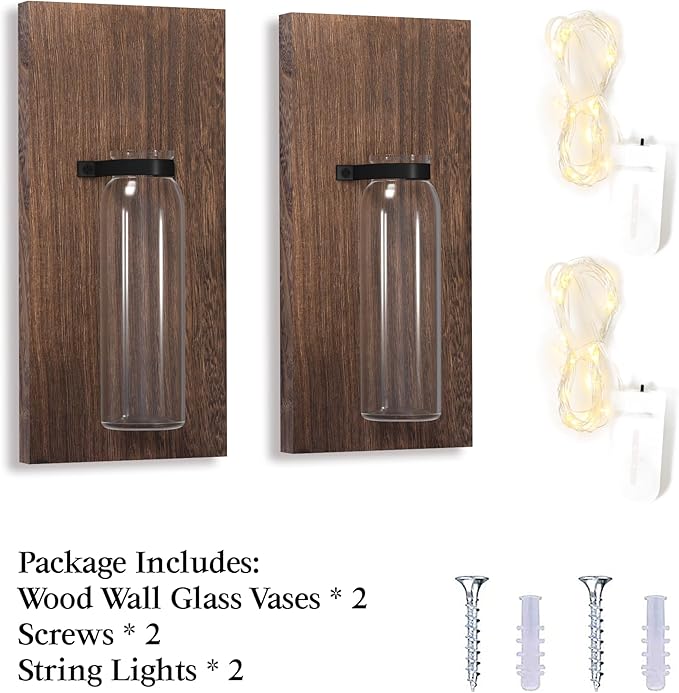 2 Pack Wood Glass Wall Sconces, Farmhouse Planters for Indoor Plants, Rustic Decor for Living Room, Hanging Vase (Brown)