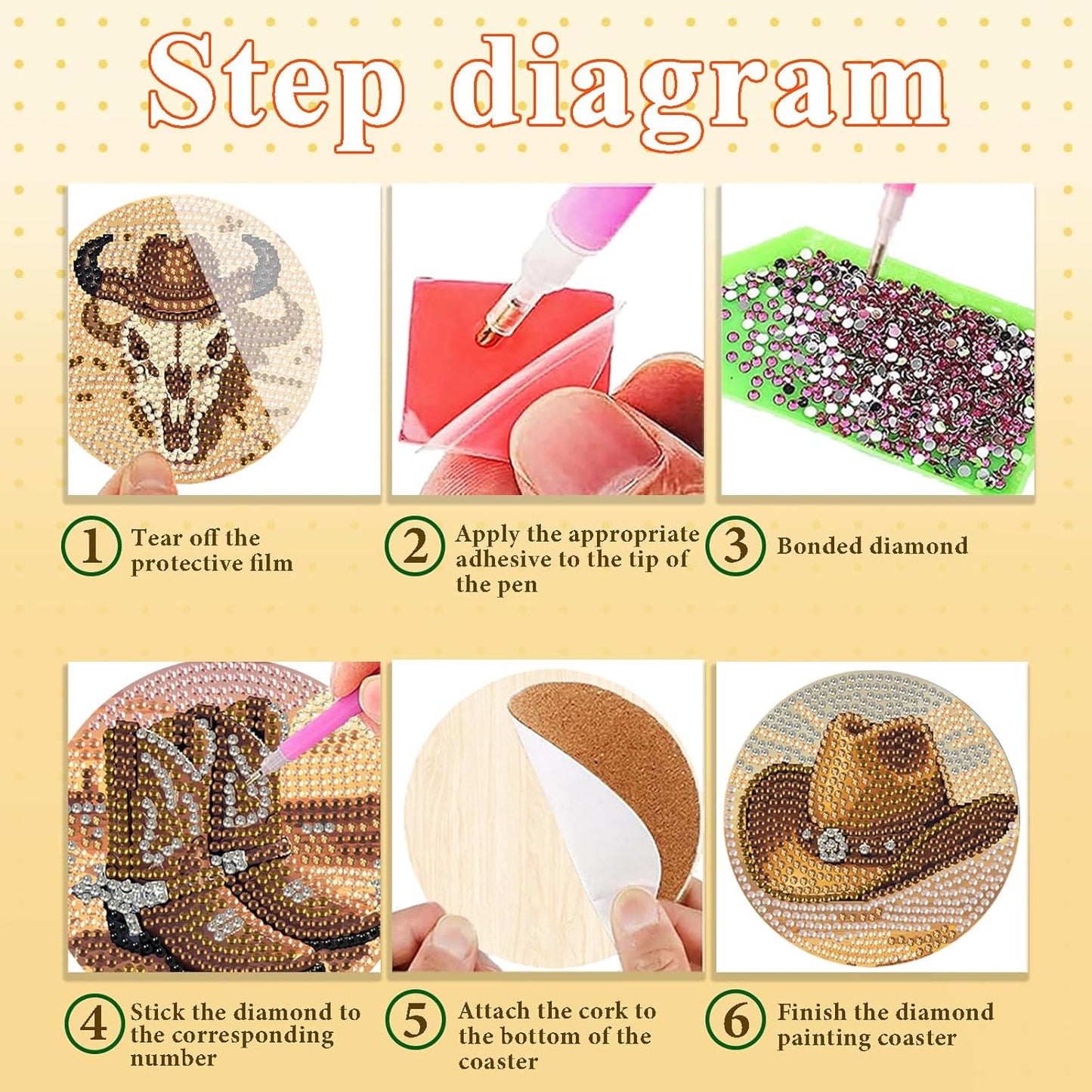 DOTSOPS 8pcs Diamond Painting Coaster with Holder 5D Diamond Art Kits for Adults Round Full Drill Beginners Gem Dots Craft Arts Supplies Party Home Decor Cowboy