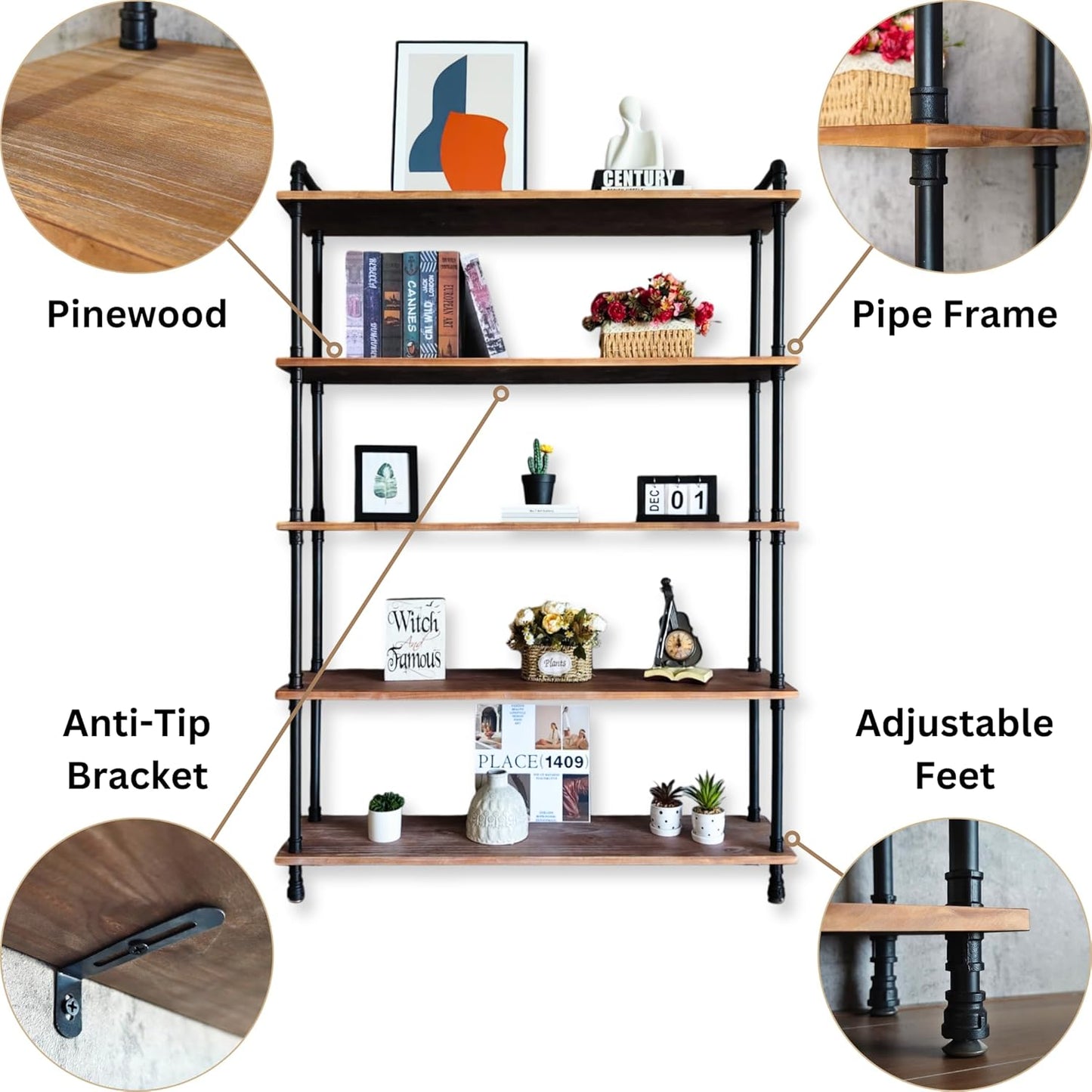 Industrial Bookshelf, 5-Tier Pipe Shelf, Wall Mounted Bookcase for Home and Office (Weathered Brown, 48" L x 11.8" W x 70" H)