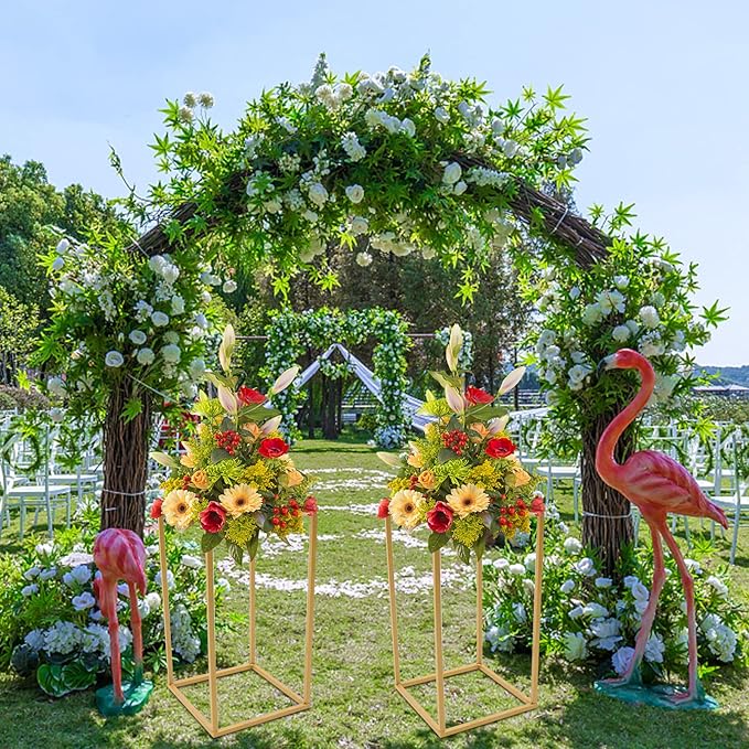 Metal Flower Stand for Wedding Centerpieces - Rectangular Geometric Gold Vase Stands for Home Party Event (2 Pcs, 15.74 inch)