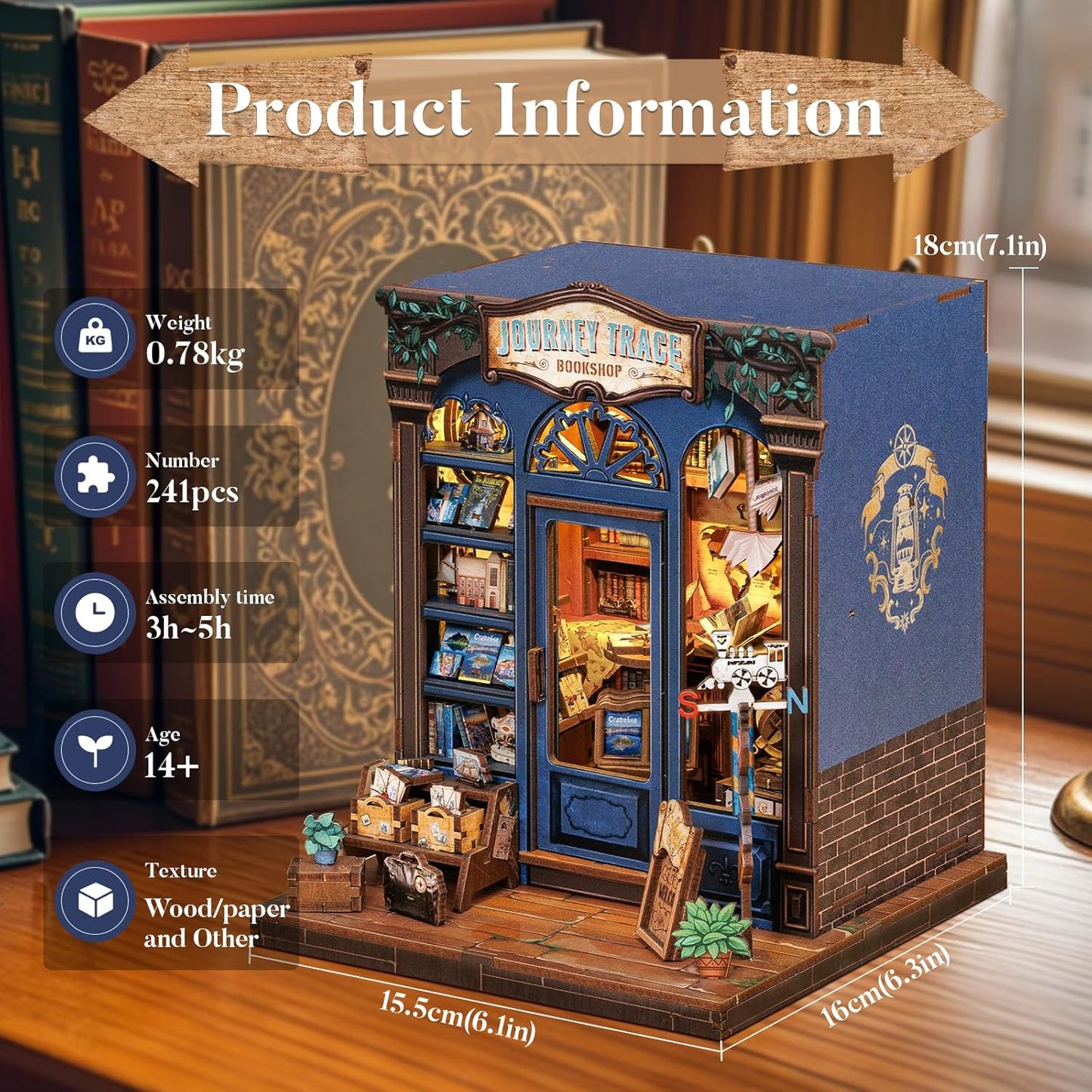 Fsolis Book Nook Kit, DIY Miniature Scene House Kit for Adults and Beginners Tiny House Mini Bookshop Model Bookshelf 3D Puzzles Nook Decor Gifts for Women Teenagers (Journey Trace Bookshop)