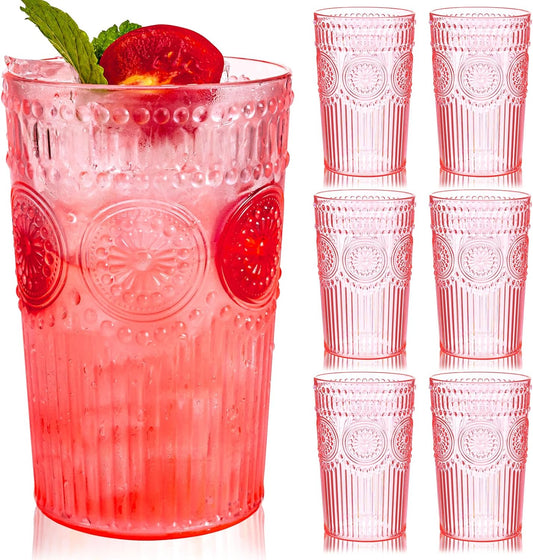 Ciaell 12 Pack Romantic Plastic Water Glasses - 14 Oz Pink Vintage Drinking Glasses, Embossed Ribbed Plastic Cups, Textured Striped Set for Juice, Beverages, Beer, Cocktail