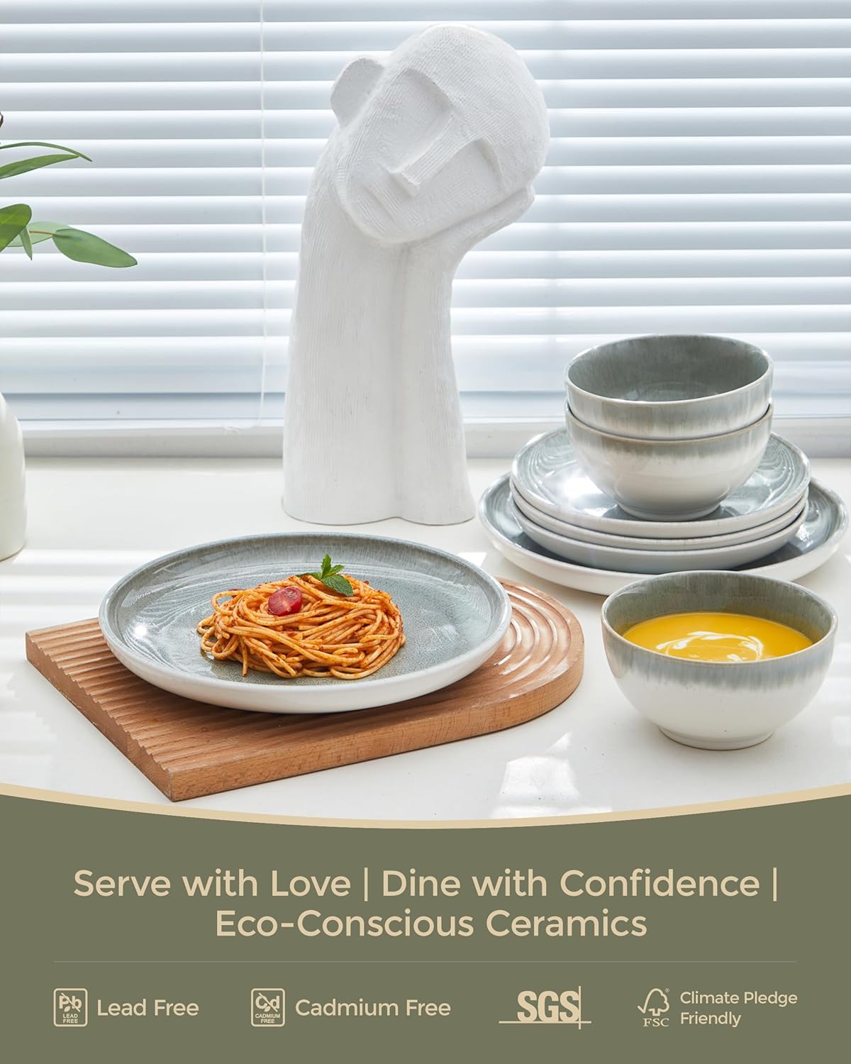 Gradient Green Stoneware Dinnerware Sets, 12 pcs Reactive Glaze Plates and Bowls Sets, Handmade Ceramic Round Dishes Set for 4, Highly Chip and Crack Resistant Modern Plate Set