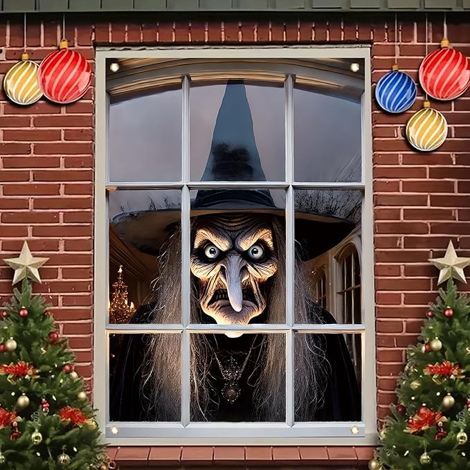 Window Cover Halloween 47x31 Inch Scary Witch Face Banner Creepy Window Decoration for Haunted House Outdoor Indoor Horror Poster Trick or Treat Prop Decor