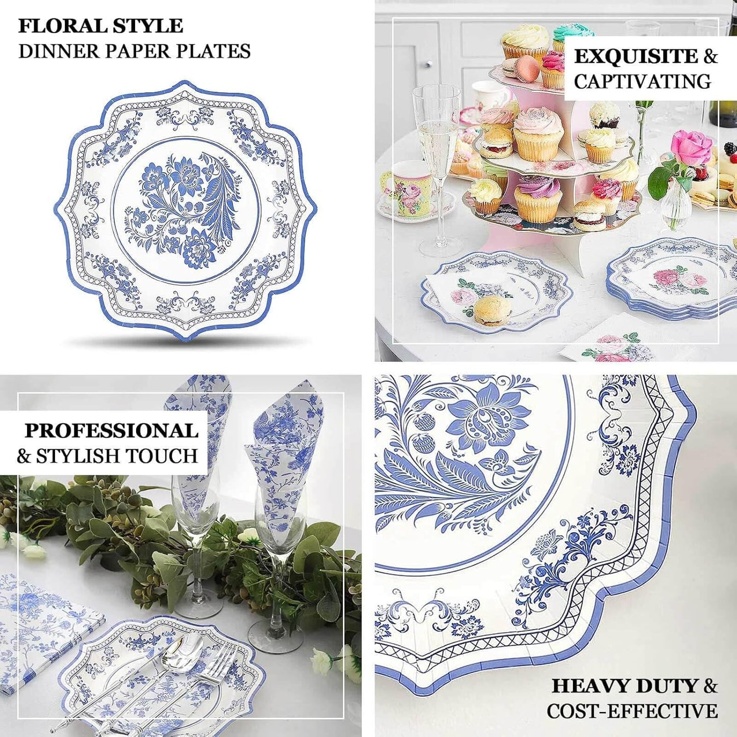 Efavormart 25 Pack | 8" White/Blue Chinoiserie Floral Print Paper Dessert Plates With Scalloped Rims, Disposable Salad Appetizer Plates - 300 GSM