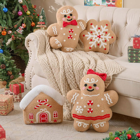 Lanpn Christmas Gingerbread Pillows Set of 4, Christmas Decoration Winter Throw Pillows Soft Fleece Sherpa Cute 3D Shaped Ginger Bread Throw Cushion for Sofa Bedroom Xmas Decor