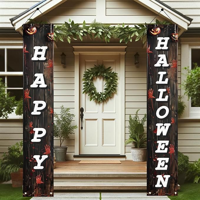2PCS Halloween Porch Banner Decorations 71 x 12 Inch Happy Halloween Vertical Hanging Sign Scary Bloody Handprint Front Door Banner for Outdoor Haunted House Yard Party Wall Decor