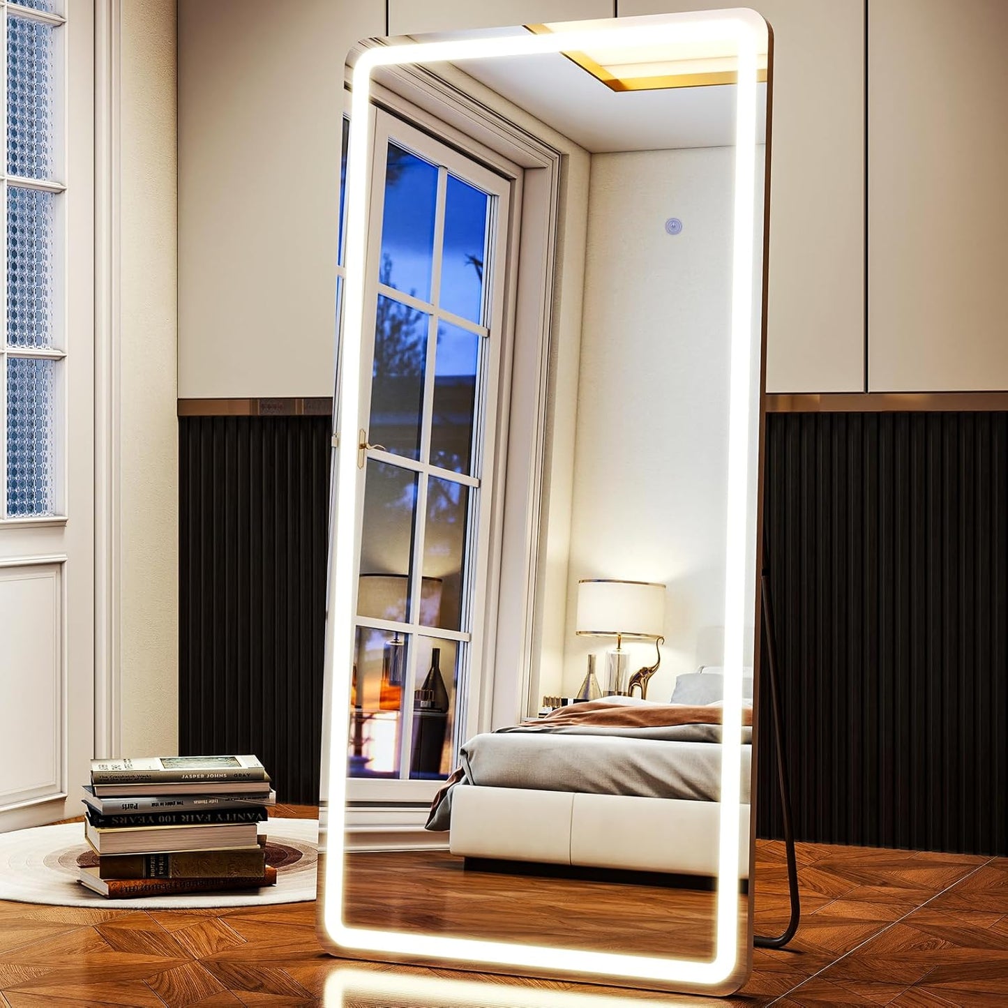 LED Rectangular Corner White Full Length Mirror - 30“ x 71” Brightness Adjustable, Touch Screen Control, Wall Mounted or Freestanding, for Bedroom Living Room Cloakroom Dressing Mirror