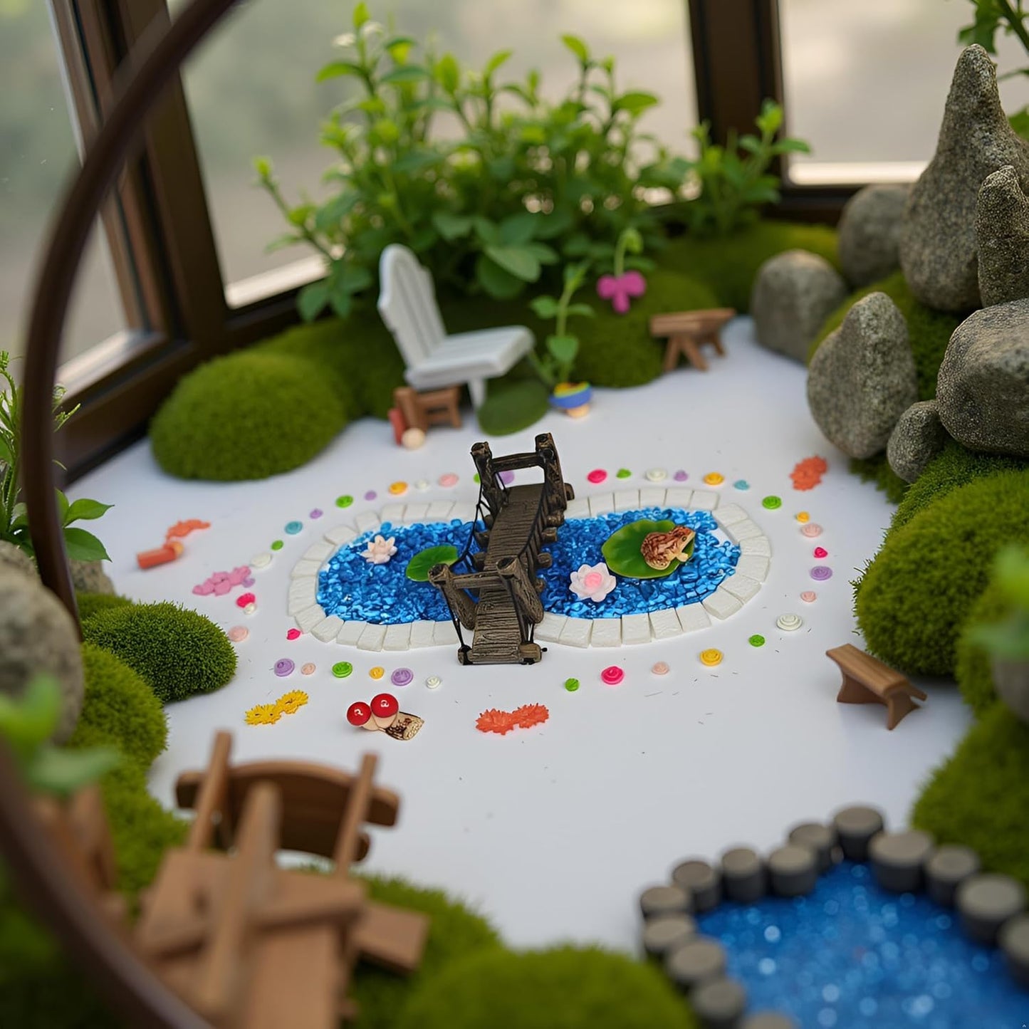 Fairy Garden Kit with 118 Pieces, Miniature Resin Figurines, Mushrooms, Bridge, Steps, Moss, Faux Flowers, Fake Fence, Crystal Gravel & Garden Accessories for DIY Fairy Gardens and Miniature Dioramas