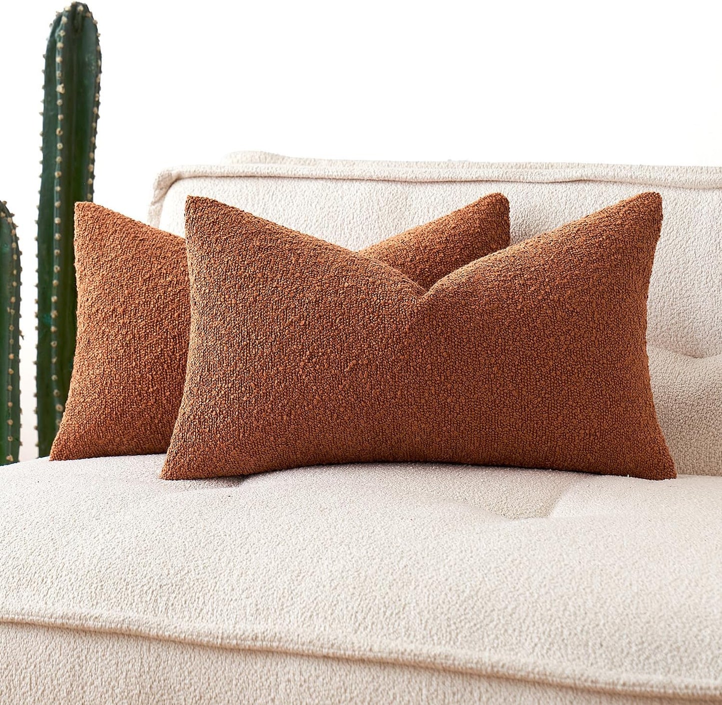 MIULEE 12x20 Inch Decorative Lumbar Throw Pillows for Bed Set of 2 Textured Boucle Neutral Winter Throw Pillow Covers Rust Accent Solid Pillowcases Sofa Livingroom Home Decor
