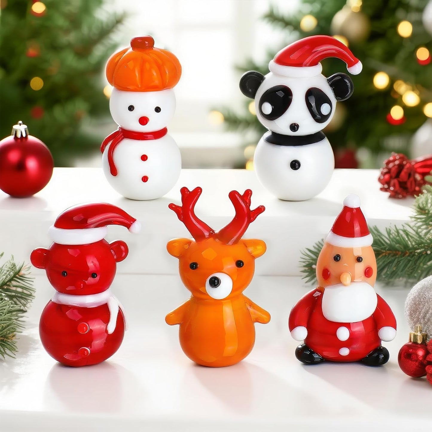 H&D HYALINE & DORA Set of 5 Mini Blown Glass Christmas Figurines Collectible Handmade Art Glass Christmas Figurines Decor for Party Supplies