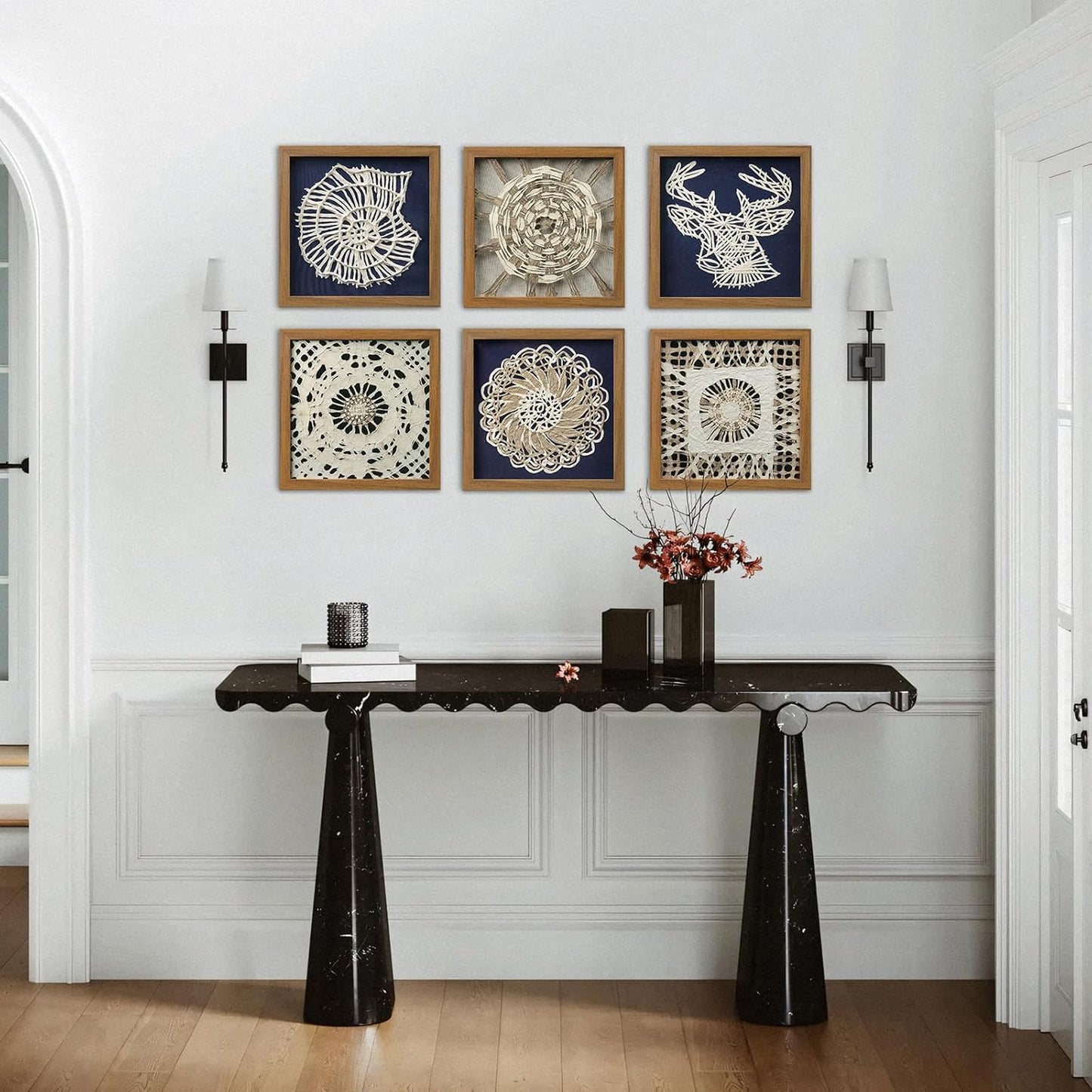 FOLKOR Beach Wall Art Decor for Living Room Bedroom Guest Room, 12" Framed Seashell Shadow Box Art with Blue Background, 3D Coastal Wall Hanging Accent for Entryway Staircase Exhibition Gallery Wall