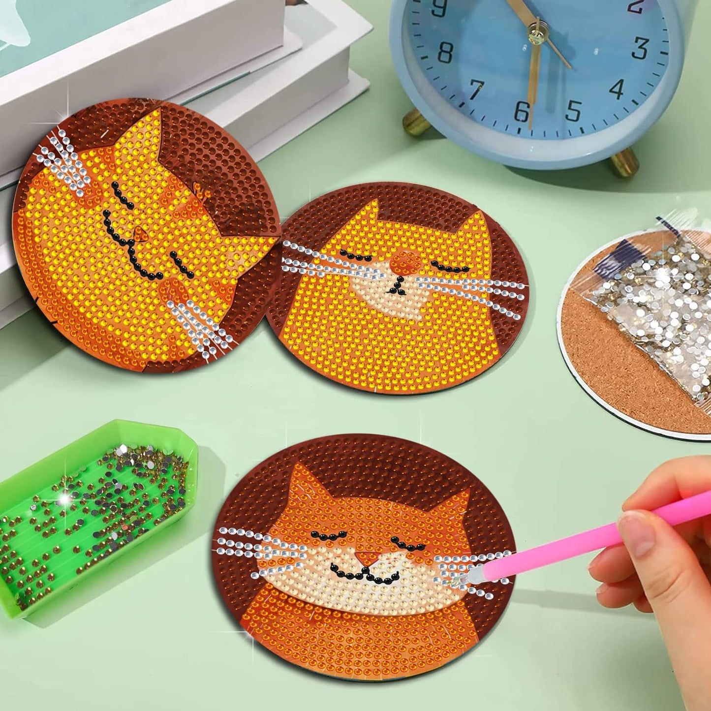 DOZEEZOP 6 PCS Diamond Art Coasters Kit, Diamond Painting Coasters with Holder, Fall Diamond Art Kits for Adults Beginners, Arts and Crafts Supplies Party Item Sets Cats