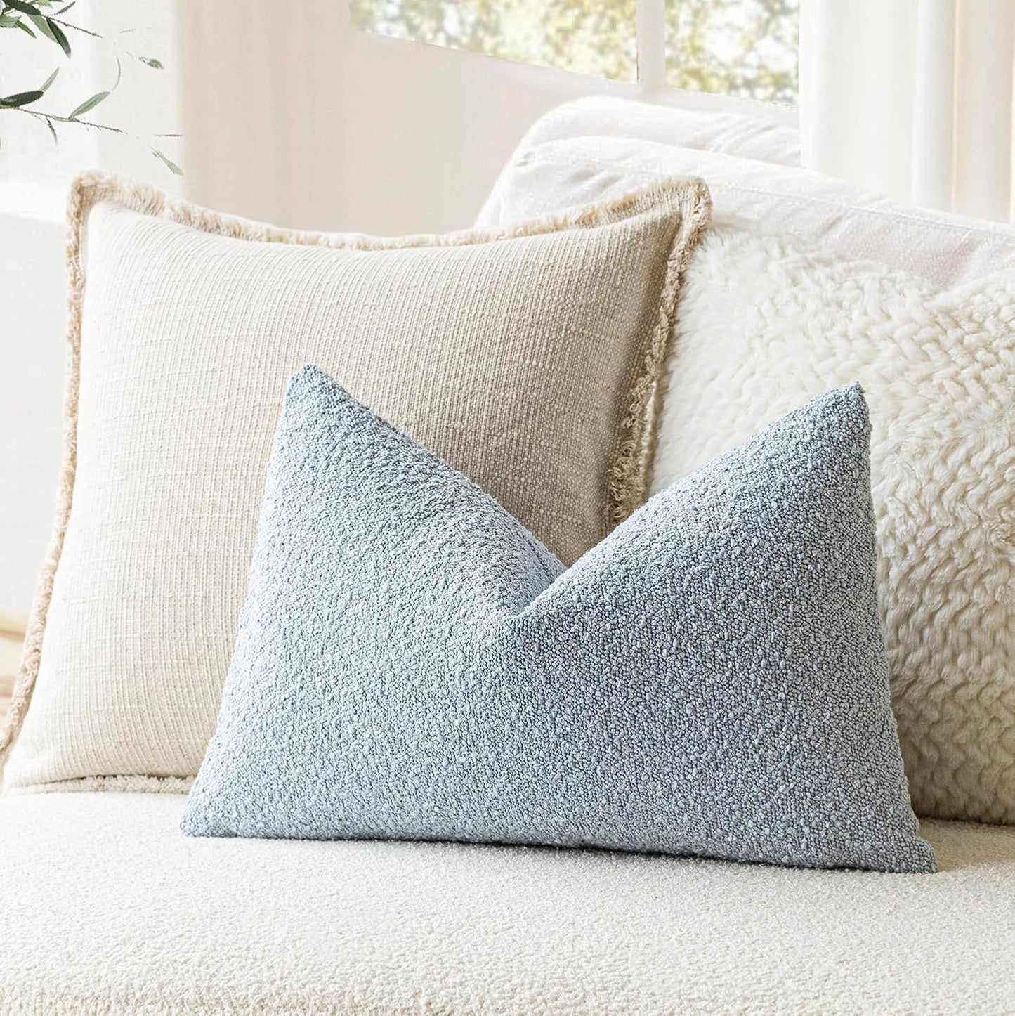Foindtower Modern Textured Boucle Lumber Throw Pillow Covers Accent Solid Decorative Pillow Cases Cozy Couch Cushion Case for Sofa Bed Living Room Home Decor, 12 x 20 Inch, 1PC, Light Blue