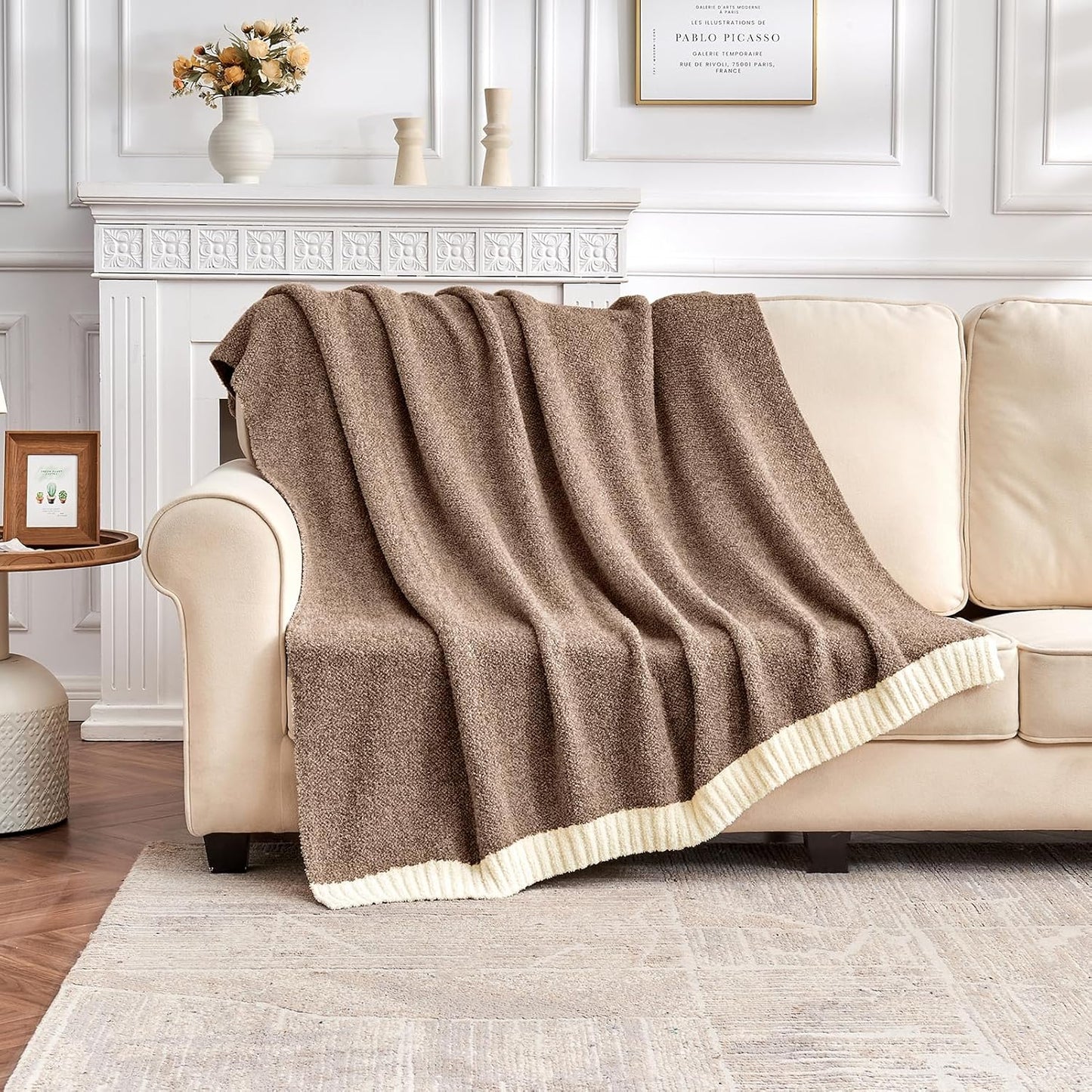CozeCube Super Soft Fullfy Microfiber Reversible Knitted Blankets, Warm Cozy Fuzzy Plush Throw, Dark Brown and White Melange Throw Blanket for Couch Bed Sofa, 50" x 60"