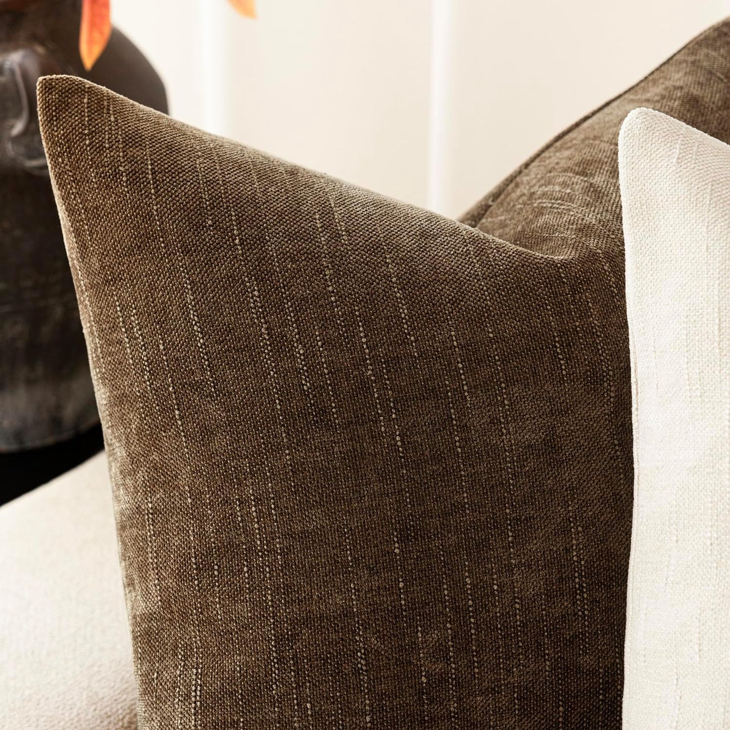 Foindtower Pack of 2 Soft Textured Chenille Throw Decorative Pillow Covers Square Accent Solid Cushion Cover Neutral Farmhouse Pillow Case for Couch Sofa Bedroom Living Room 26x26 Inch,Taupe Brown