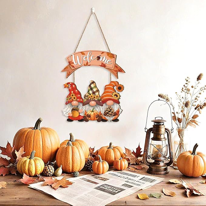 Fall Welcome Door Sign,Autumn Gnome Welcome Sign,Fall Gnome Sign,Thanksgiving Wooden Front Door Sign,Fall Pumpkin Wall Plaque,Rustic Sunflower Wall Sign for Farmhouse Porch Outdoor Home Garden