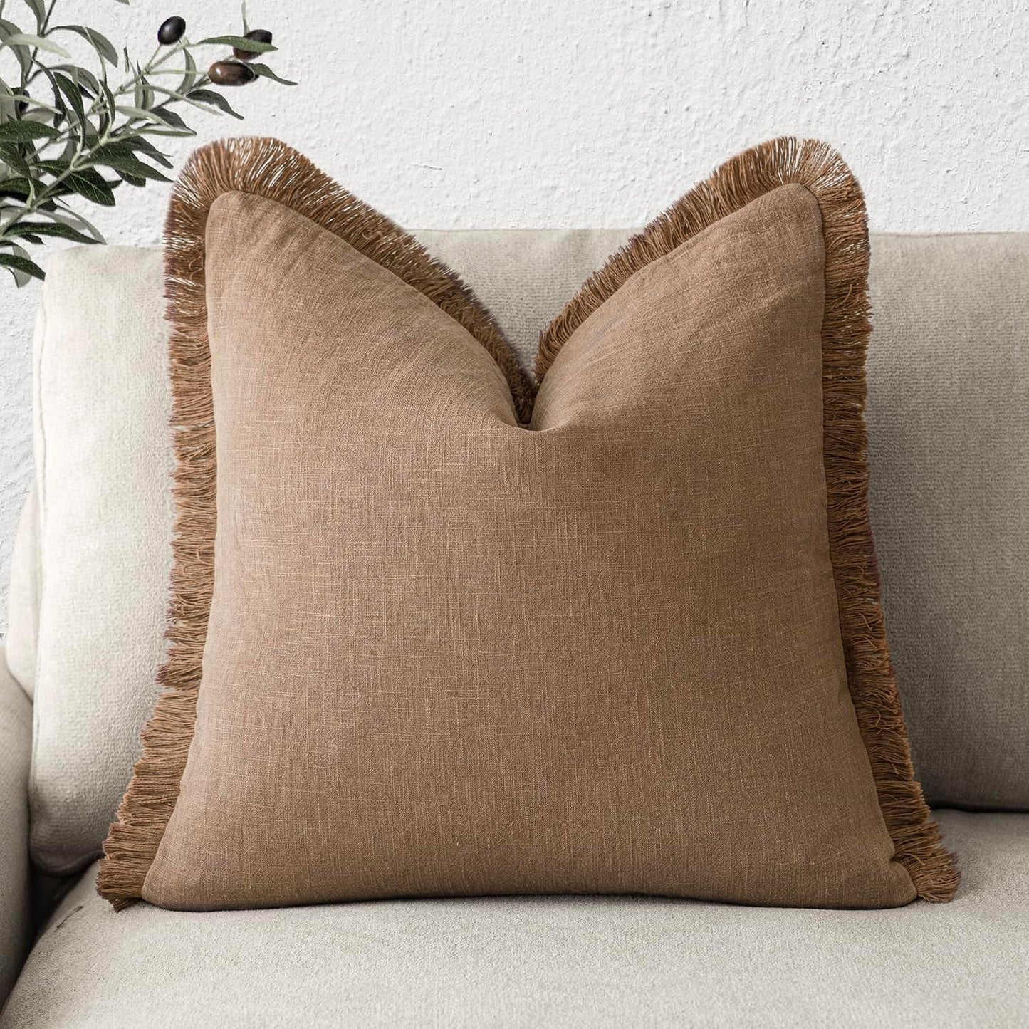 Foindtower Decorative Linen Fringe Throw Pillow Covers Cozy Boho Farmhouse Cushion Cover with Tassels Soft Accent Pillowcase for Chair Sofa Bed Living Room Home Decor, 22×22 Inch, 1PC, Khaki Brown