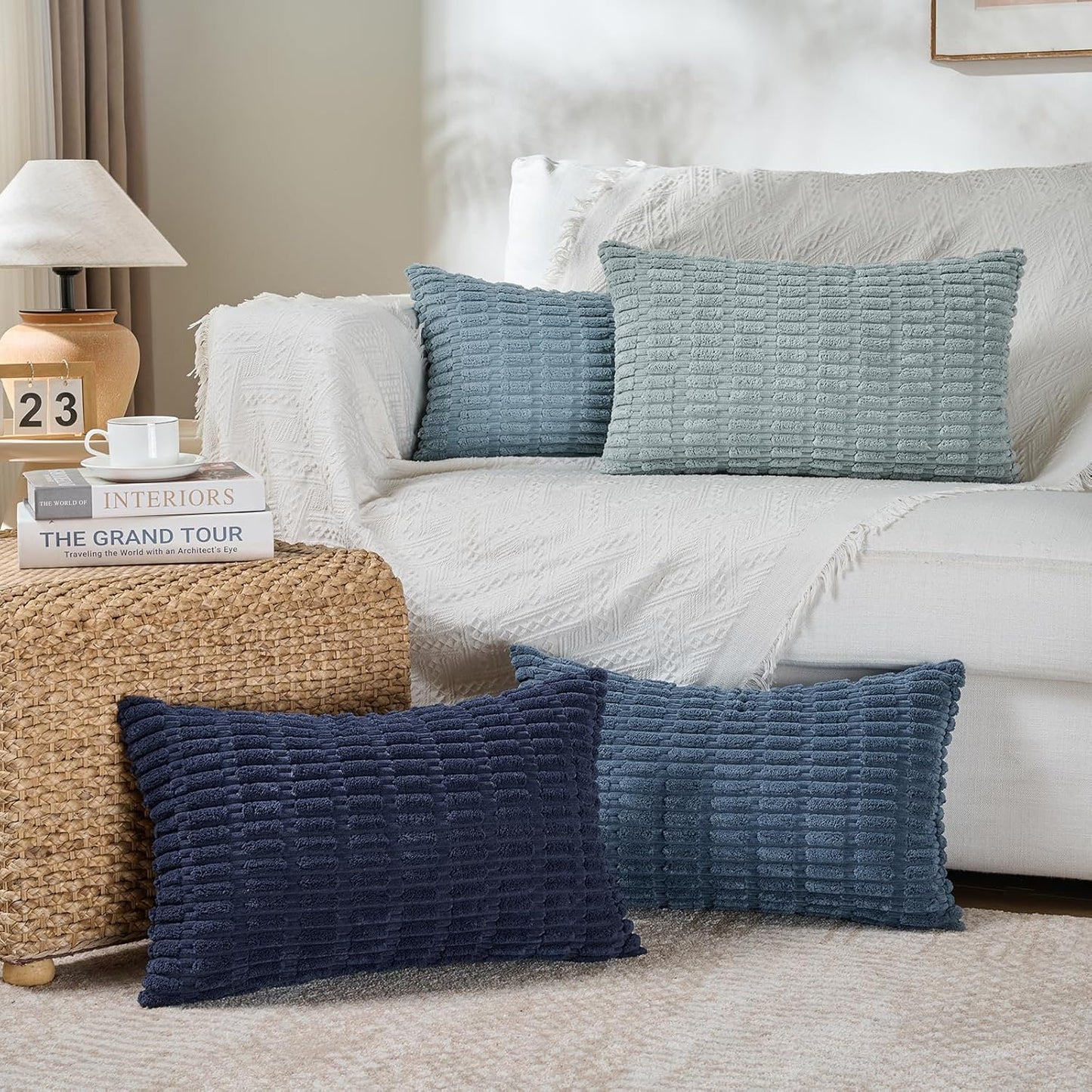 Fancy Homi Set of 4 Blue Long Lumbar Rectangle Decorative Throw Pillow Covers 12x24 Inch for Couch Bed Chair, Farmhouse Boho Room Decor, Soft Fuzzy Corduroy Textured Coastal Blue Cushion Case 30x60cm