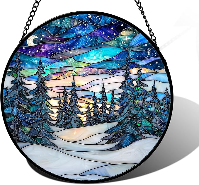 Stained Glass Window Hanging, Starry Sky Trees and Snow Sun Catchers Glass Panel Blue Suncatcher Decor for Birthday for Women, Men, Wife, Aunt, and Mom 7.8 in