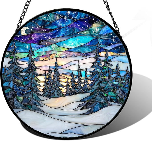 Stained Glass Window Hanging, Starry Sky Trees and Snow Sun Catchers Glass Panel Blue Suncatcher Decor for Birthday for Women, Men, Wife, Aunt, and Mom 7.8 in