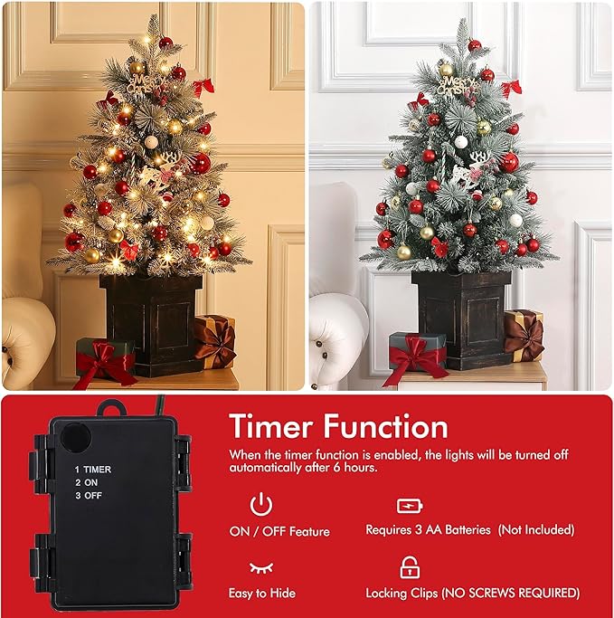 3 ft Pre-Lit Mini Xmas Tree with Multi-Mode Led Lighting, Realistic Artificial Pine or Spruce for Indoor Outdoor Christmas Decoration, Classic Retro-Style Base (Black Retro-Style Base, 2 Pack)