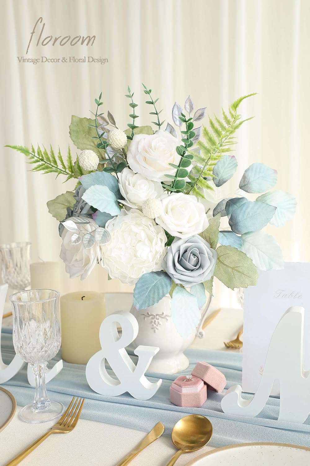 Floroom Artificial Greenery Stems Box Set, 36pcs with 7 Kinds of Faux Greenery Flowers Picks for DIY Bridal Bouquets Wedding Floral Arrangement Table Centerpieces, Dusty Blue & Silver